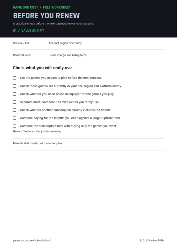 First page of the gaming subscription renewal checklist