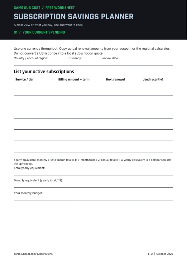 First page of the gaming subscription savings planner