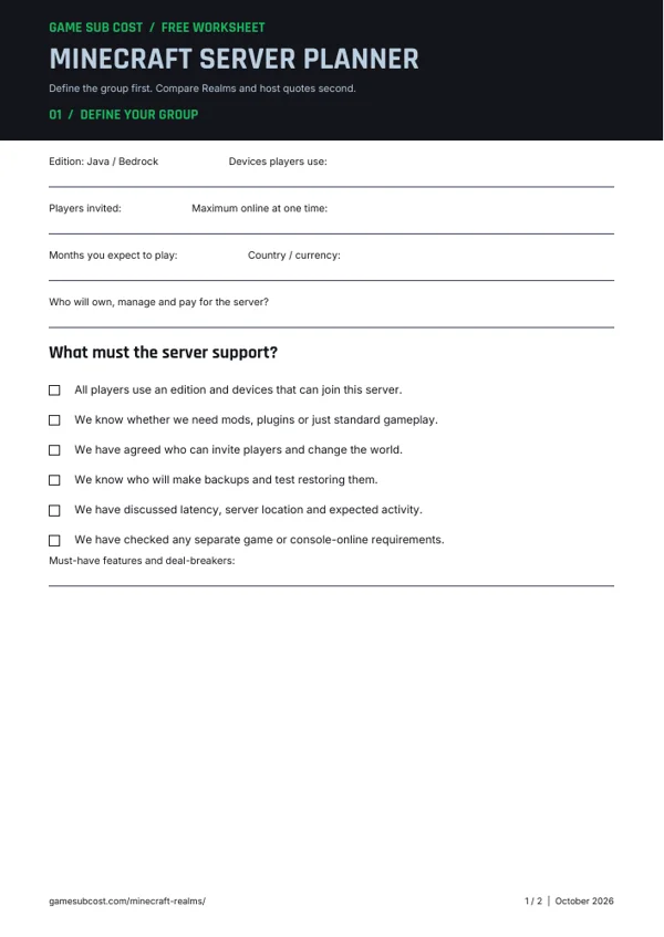 First page of the minecraft server planning checklist