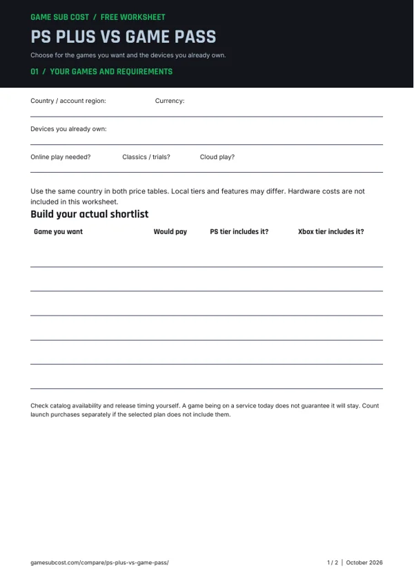 First page of the ps plus vs game pass decision worksheet