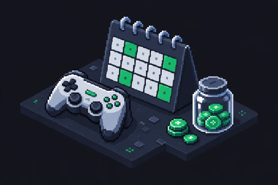 Pixel-art controller beside a calendar with selected months and a savings jar.