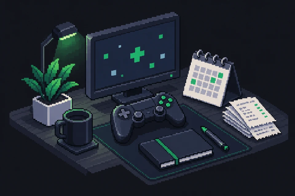Pixel-art gaming desk with a controller, calendar and receipts.