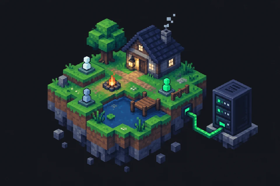 Pixel-art block-world island beside a server cabinet and player markers.